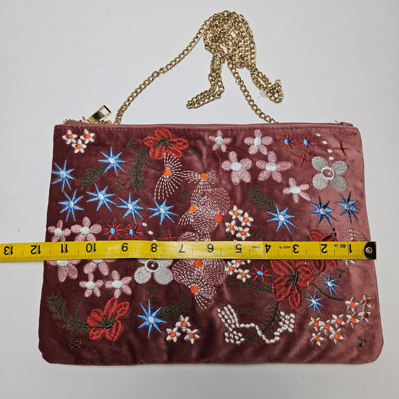 Embroidered Velvet Zip Top Pouch Purse Chainlink Shoulder Strap Mauve Pink - Picture 6 of 7